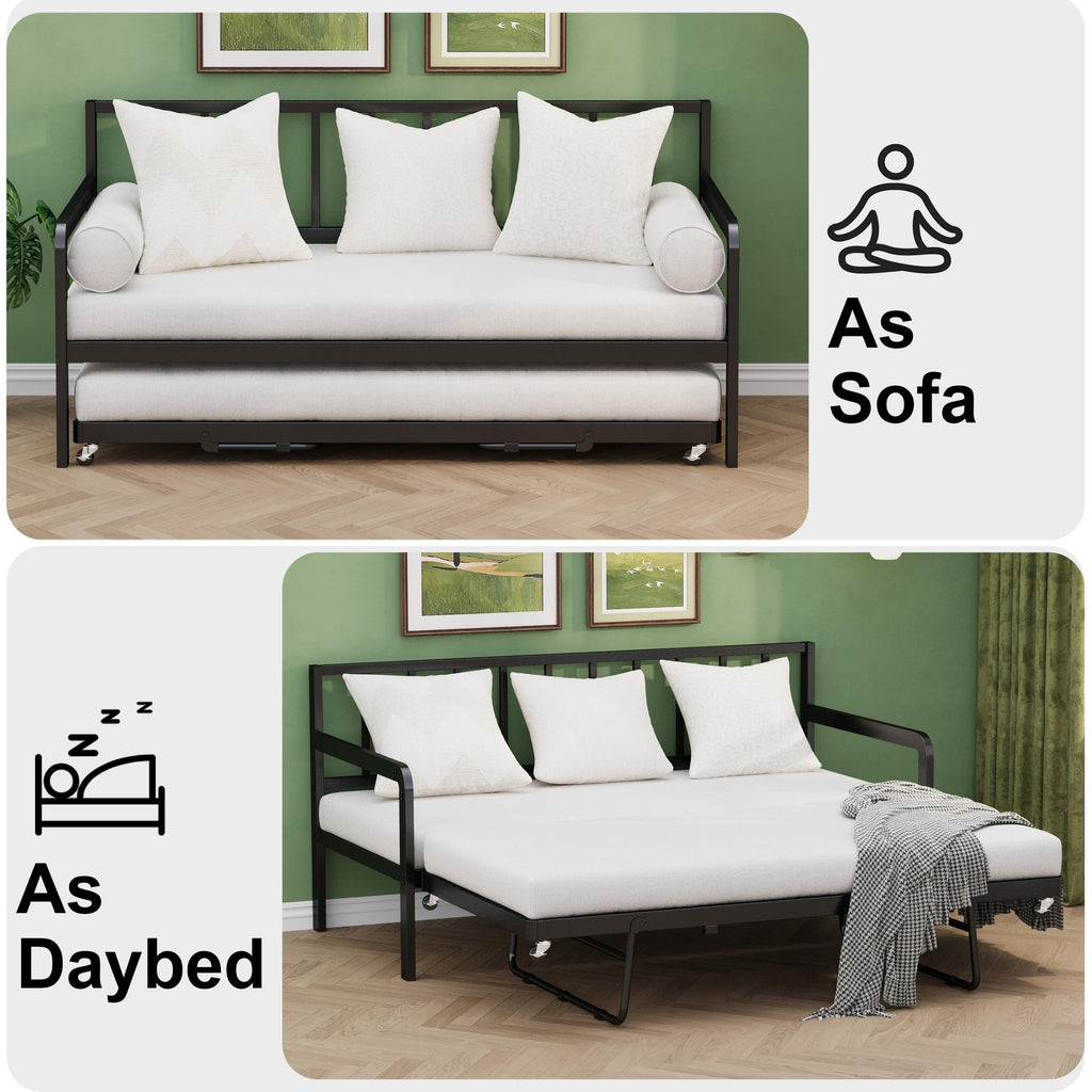 Twin Daybed with Pop Up Trundle, Metal Steel Slats, Black Y252162
