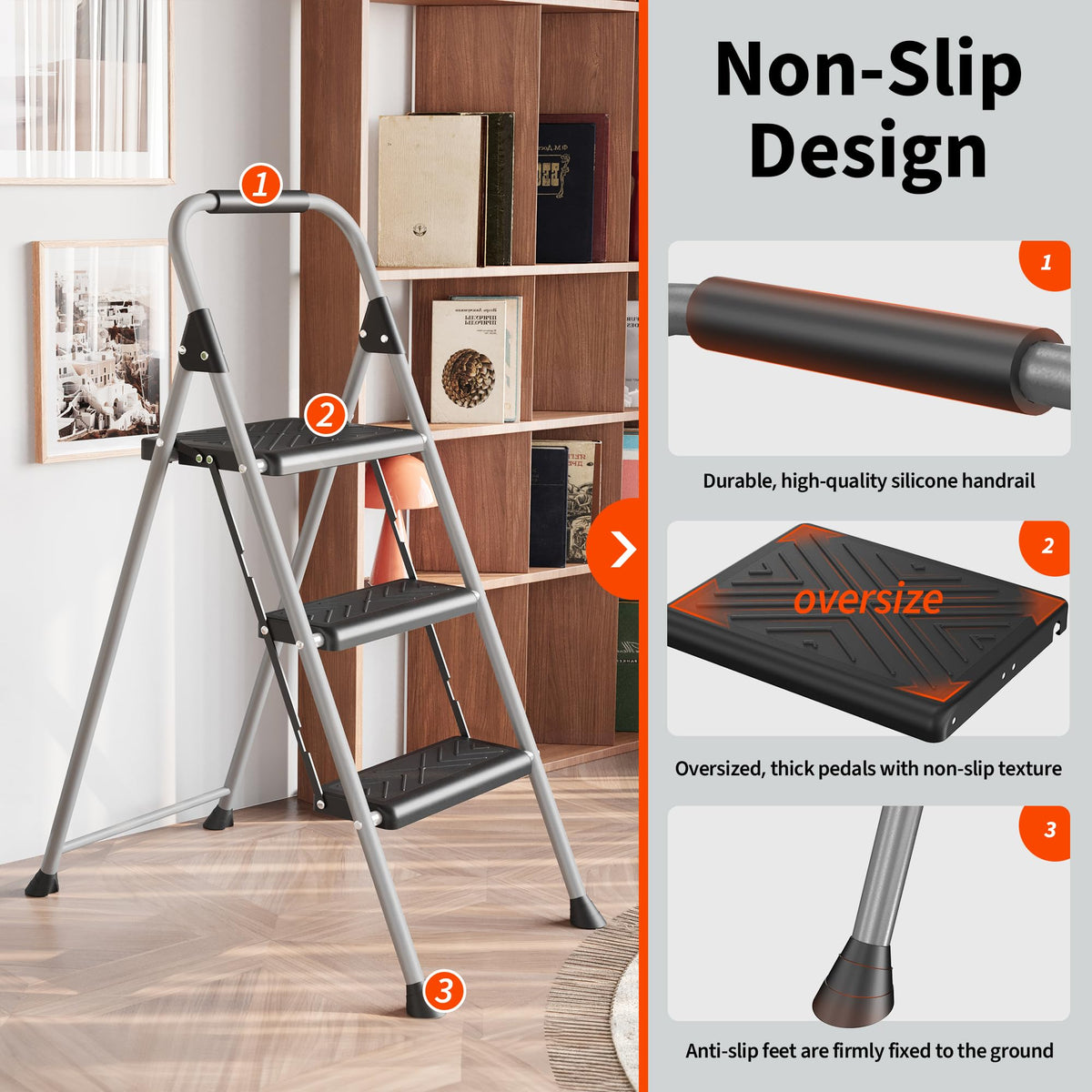 3-Step Folding Step Stool with Anti-Slip Wide Pedal K602614