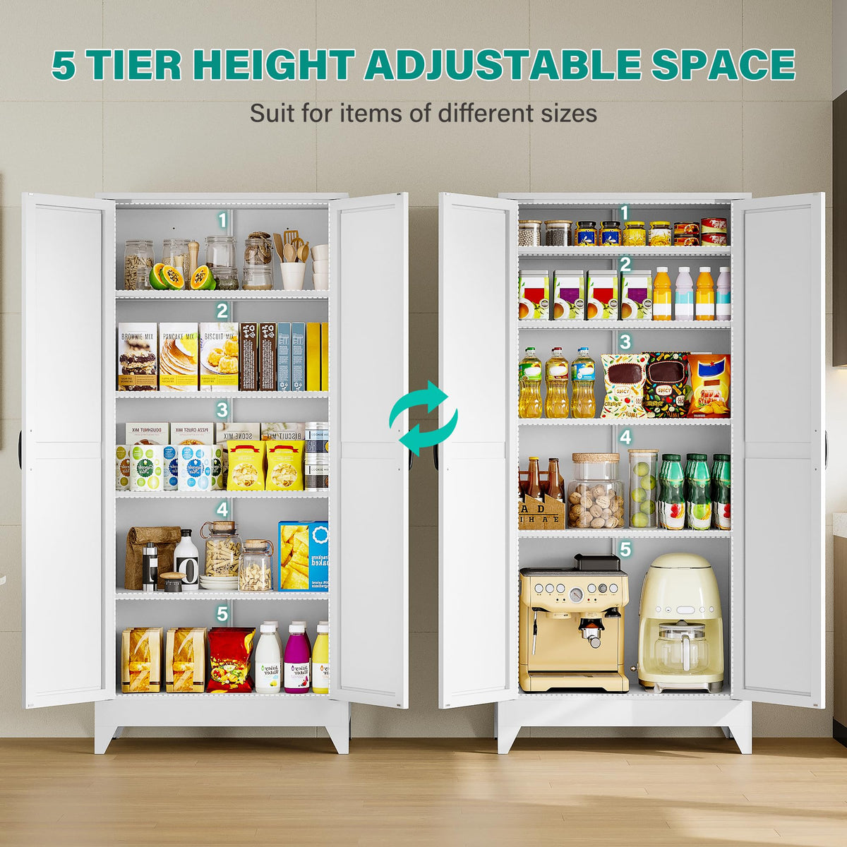 75" Tall White Metal Pantry Cabinet with 2 Doors and 5 Shelves H821725