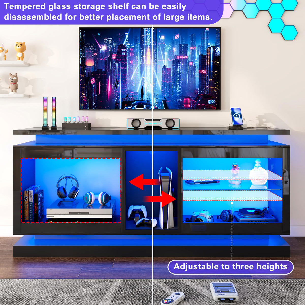 70" TV Stand with LED Lights and Power Outlets, Black J85739