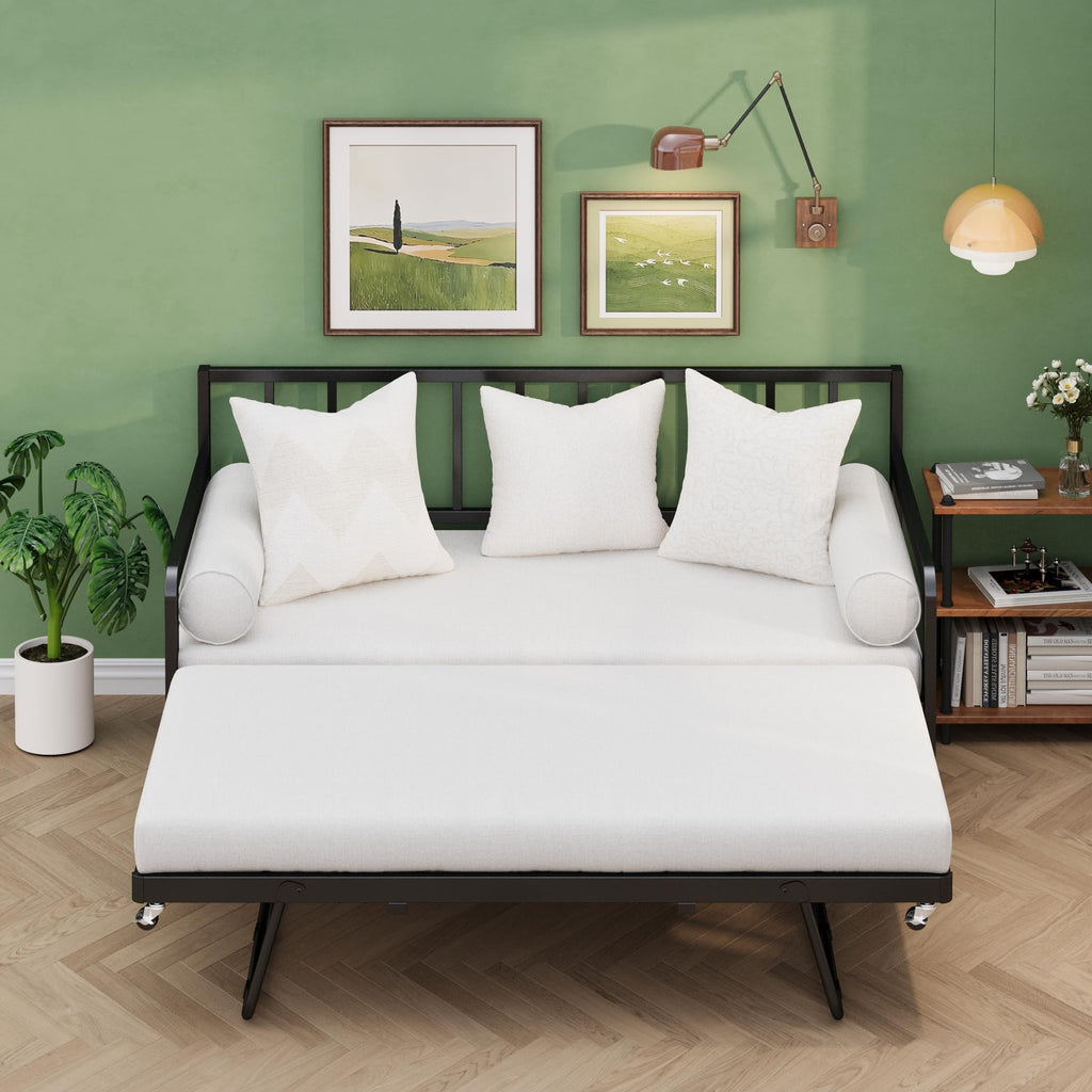 Twin Daybed with Pop Up Trundle, Metal Steel Slats, Black Y252162