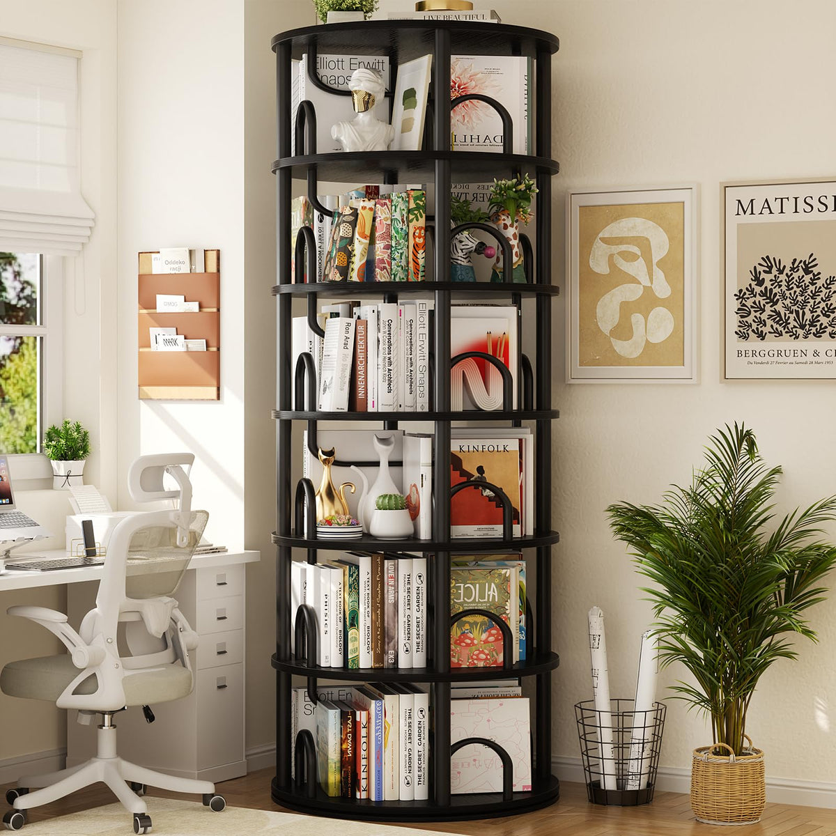 6 Tier Rotating Bookshelf Tower Black P5016