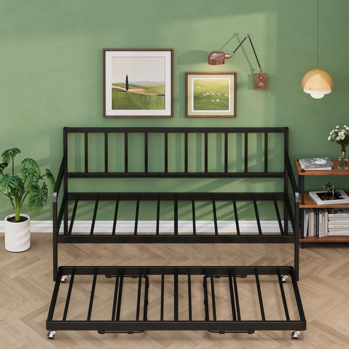 Twin Daybed with Pop Up Trundle, Metal Steel Slats, Black Y252162