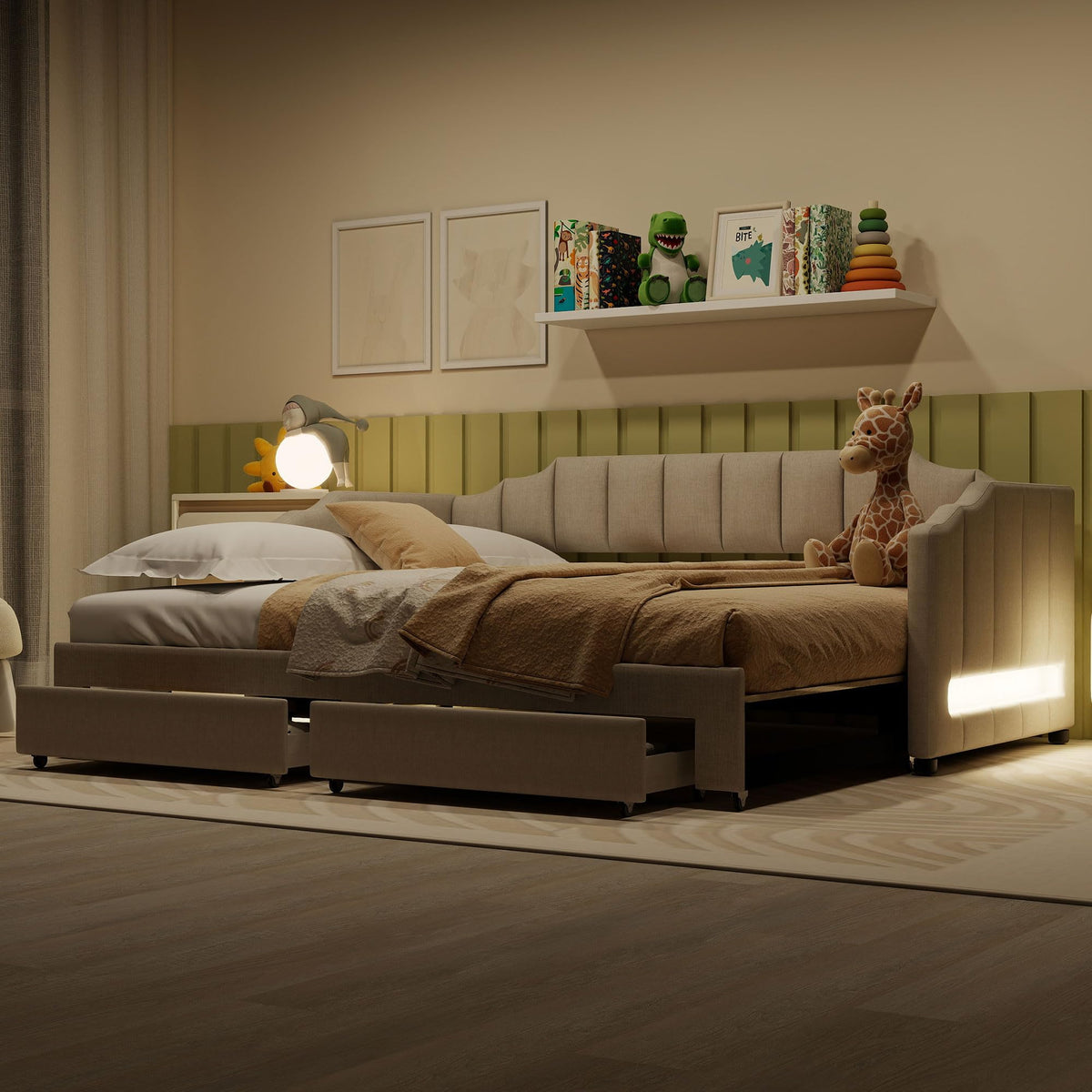 Linen Upholstered Daybed with Trundle and 2 Storage Drawers X34572