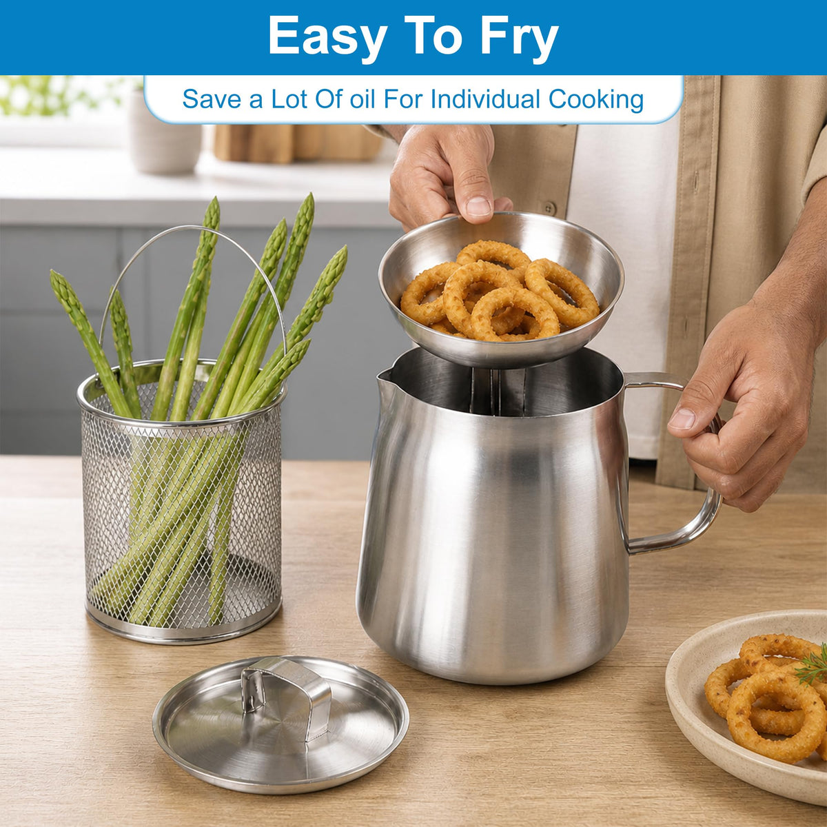 68oz Stainless Steel Oil Filter Pot with Fryer Basket D397