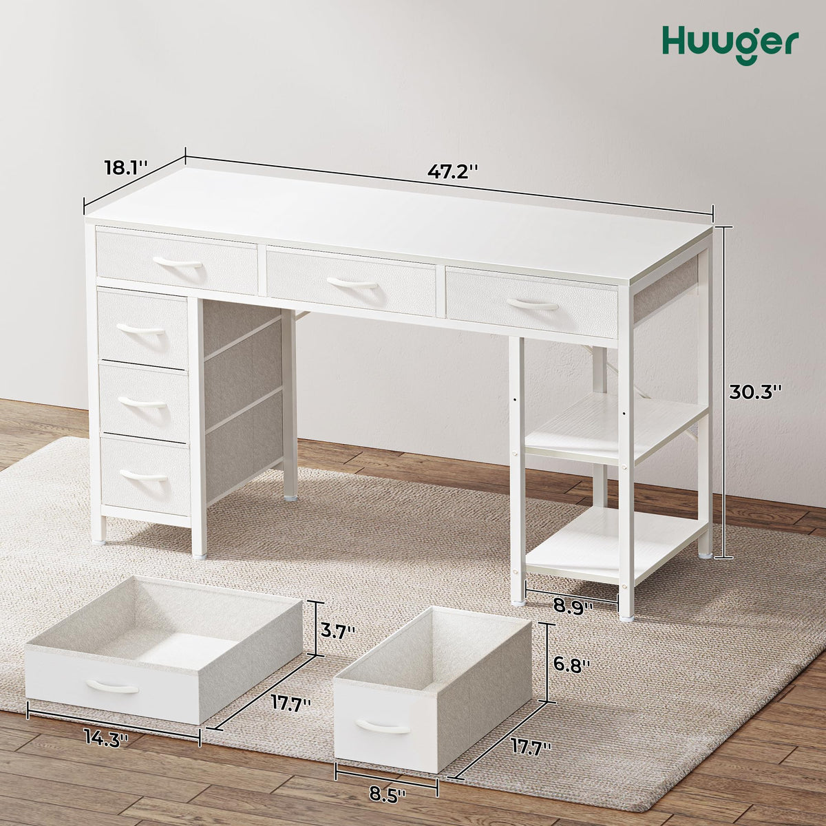 White 6 Drawer Computer Desk with Shelves I381007
