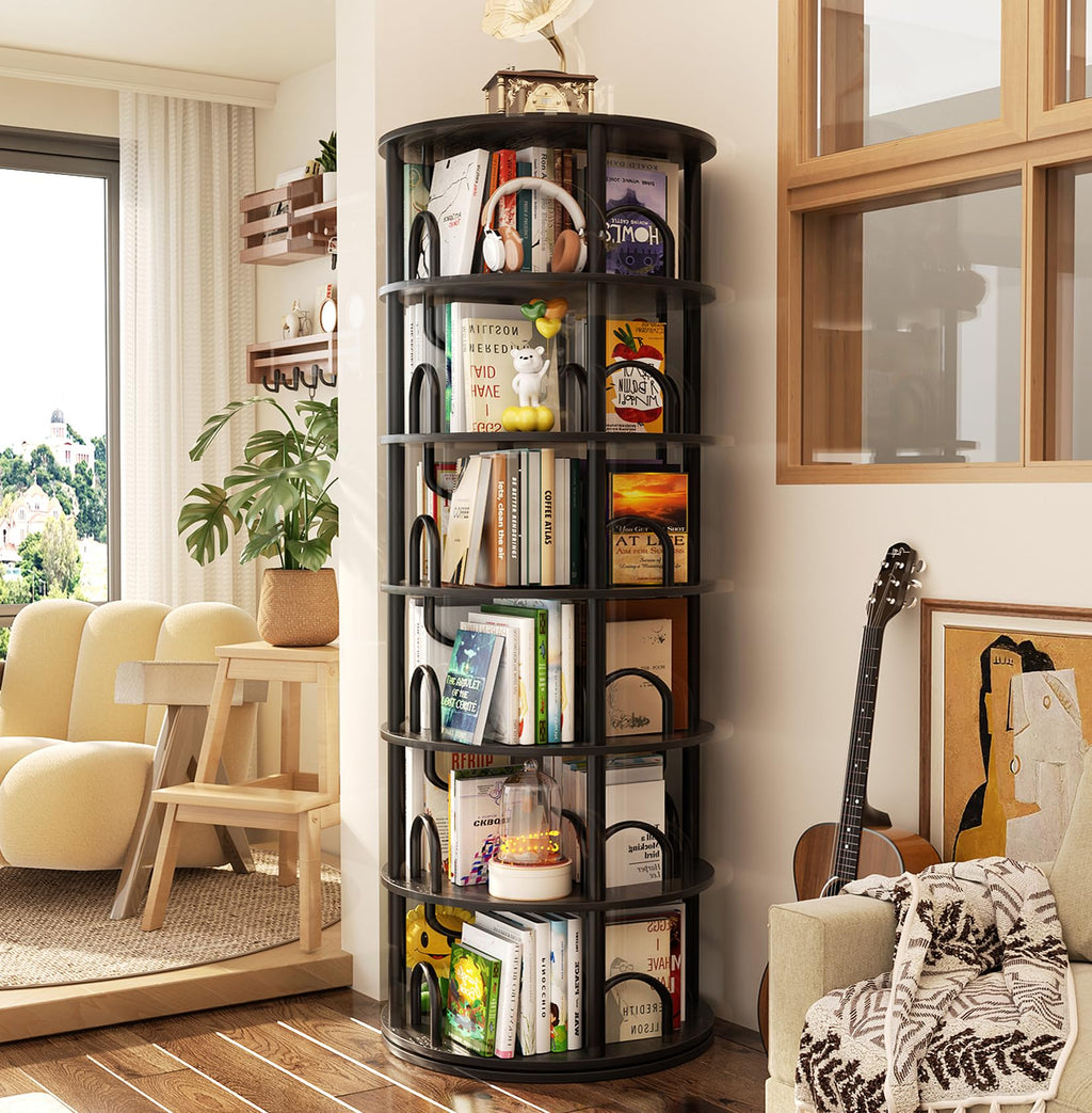 6 Tier Rotating Bookshelf Tower Black P5016