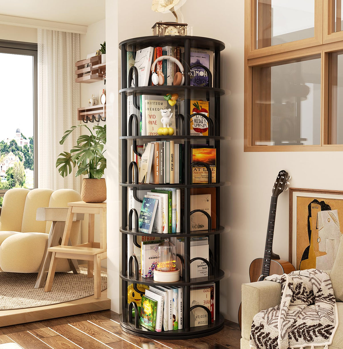 6 Tier Rotating Bookshelf Tower Black P5016