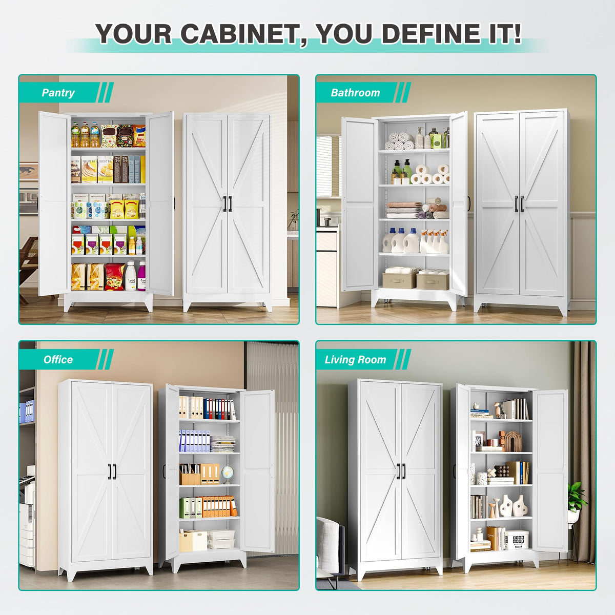 75" Tall White Metal Pantry Cabinet with 2 Doors and 5 Shelves H821725