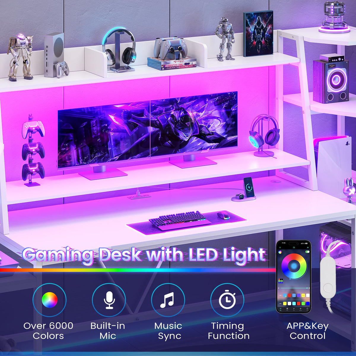 79'' White Gaming Desk with LED Lights and Storage Shelves A53628