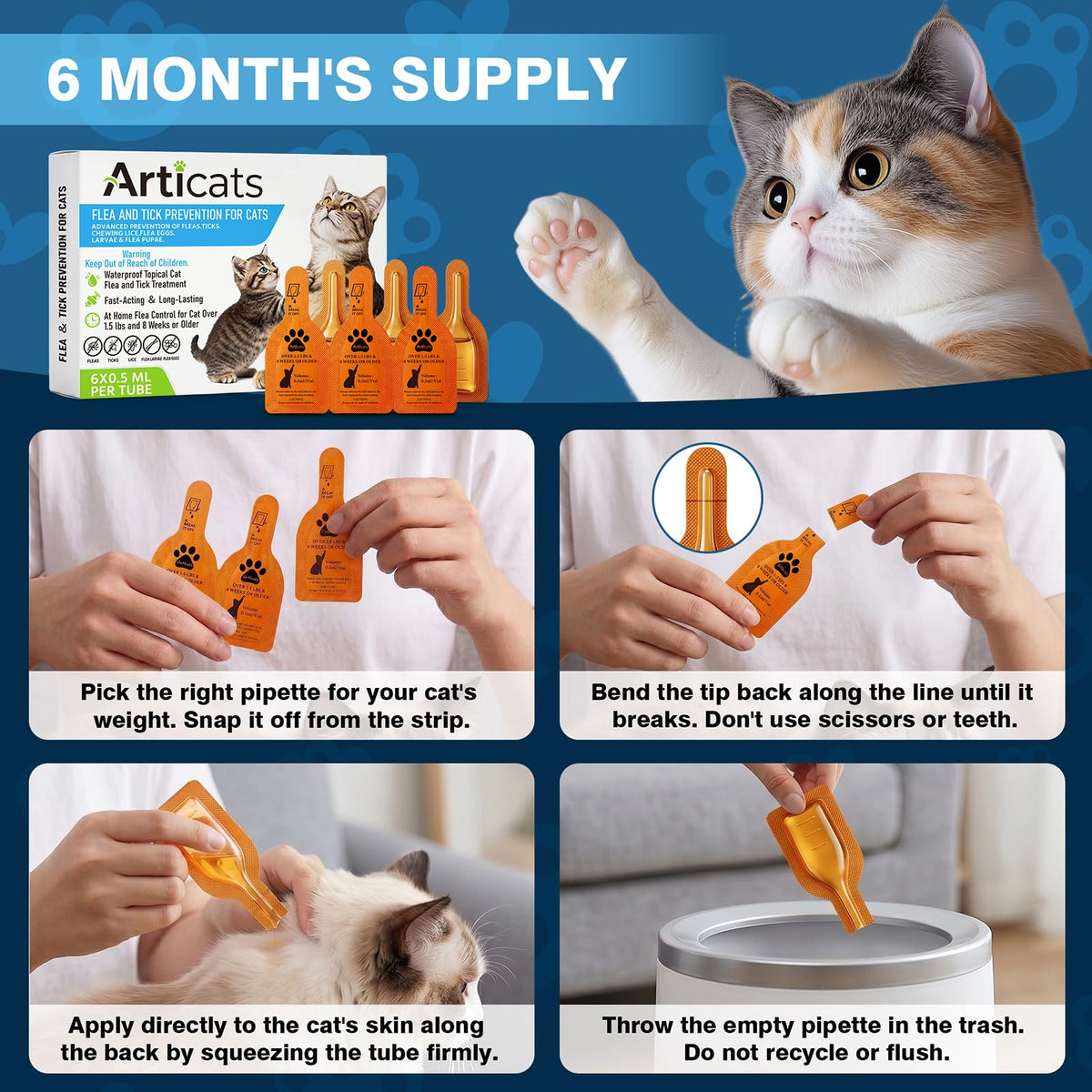 Flea and Tick Prevention for Cats & Kittens, Topical Cat Flea and Tick Treatment 6-Dose T313856