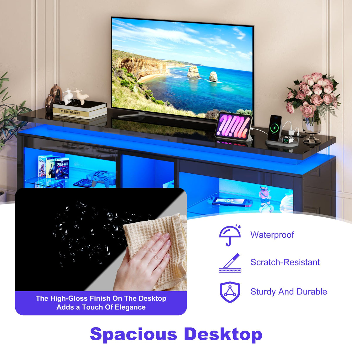 70" TV Stand with LED Lights and Power Outlets, Black J85739