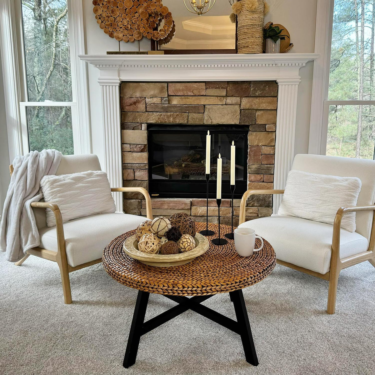 32 Inch Round Handwoven Seagrass Coffee Table with Pine Wood X Base P2482