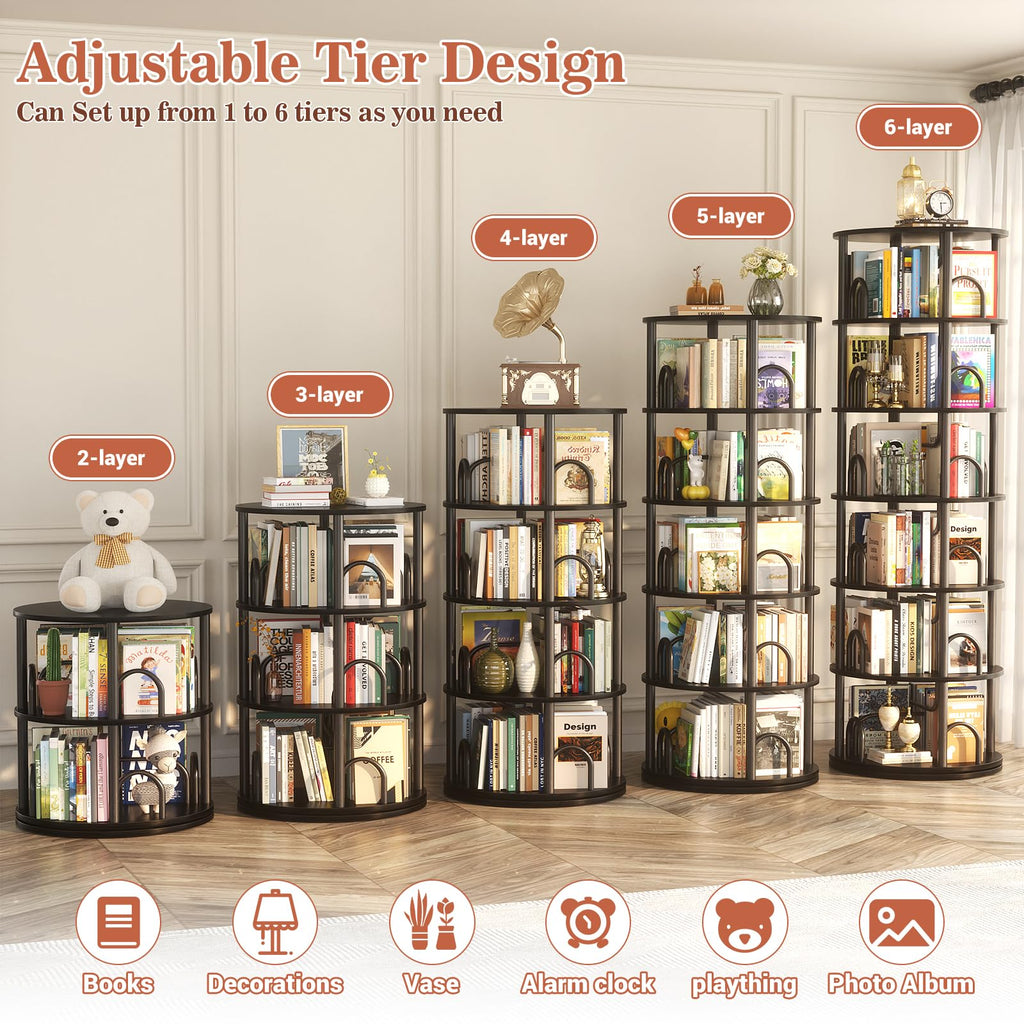 6 Tier Rotating Bookshelf Tower Black P5016