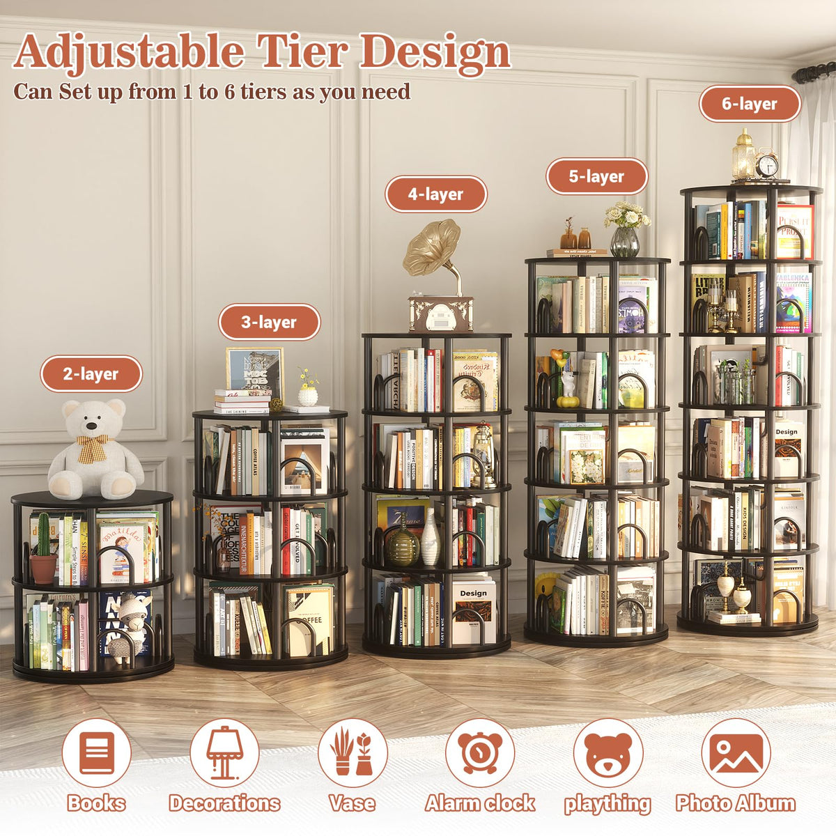 6 Tier Rotating Bookshelf Tower Black P5016