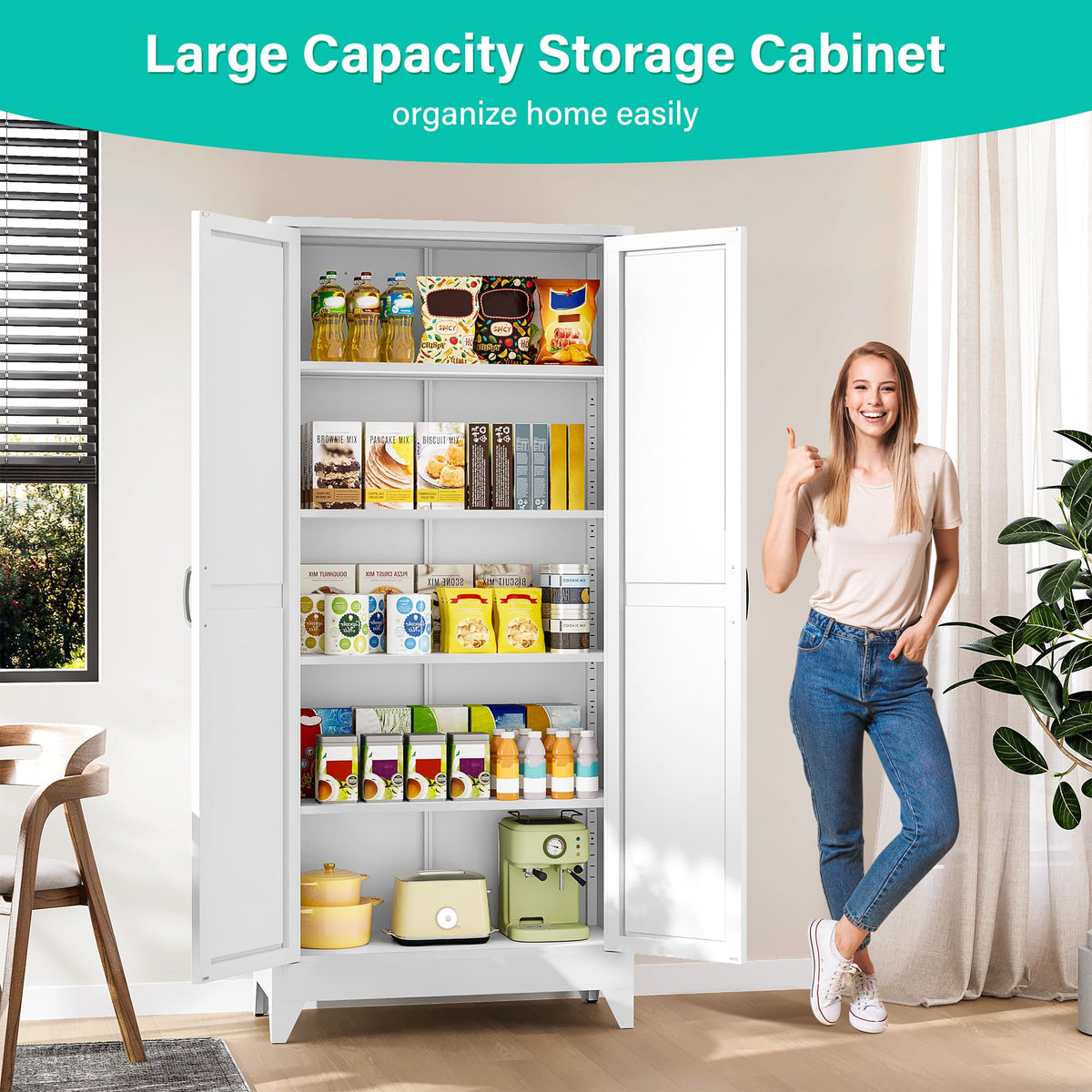 75" Tall White Metal Pantry Cabinet with 2 Doors and 5 Shelves H821725