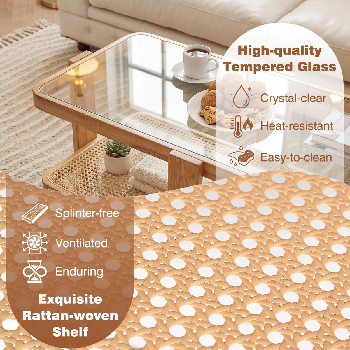 Nesting Coffee Table Set of 2 Rattan Tempered Glass P48847