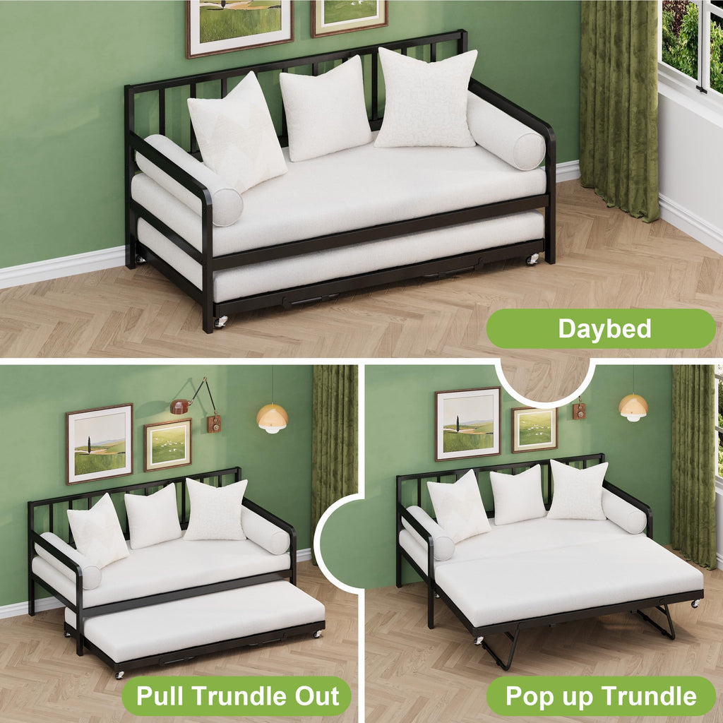 Twin Daybed with Pop Up Trundle, Metal Steel Slats, Black Y252162
