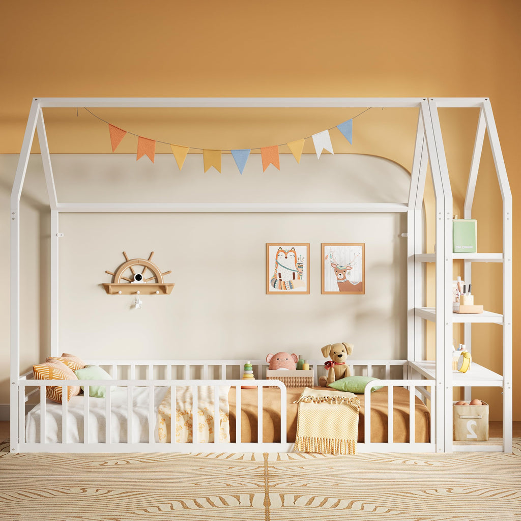 Twin White Metal Floor Bed with 3-Tier Shelves X36488