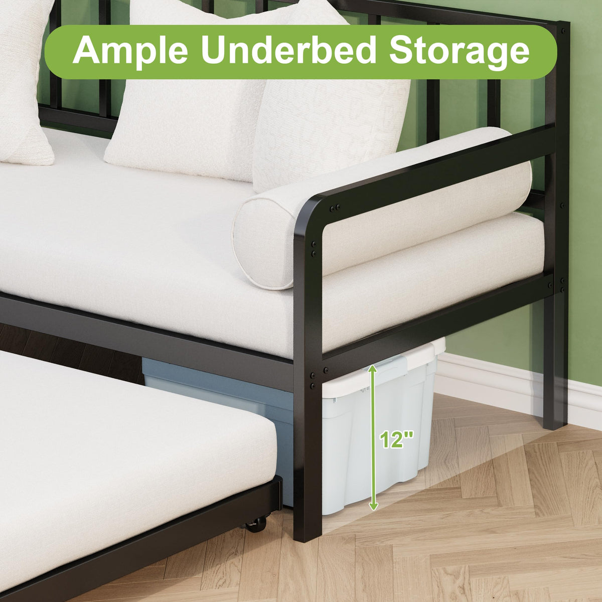 Twin Daybed with Pop Up Trundle, Metal Steel Slats, Black Y252162