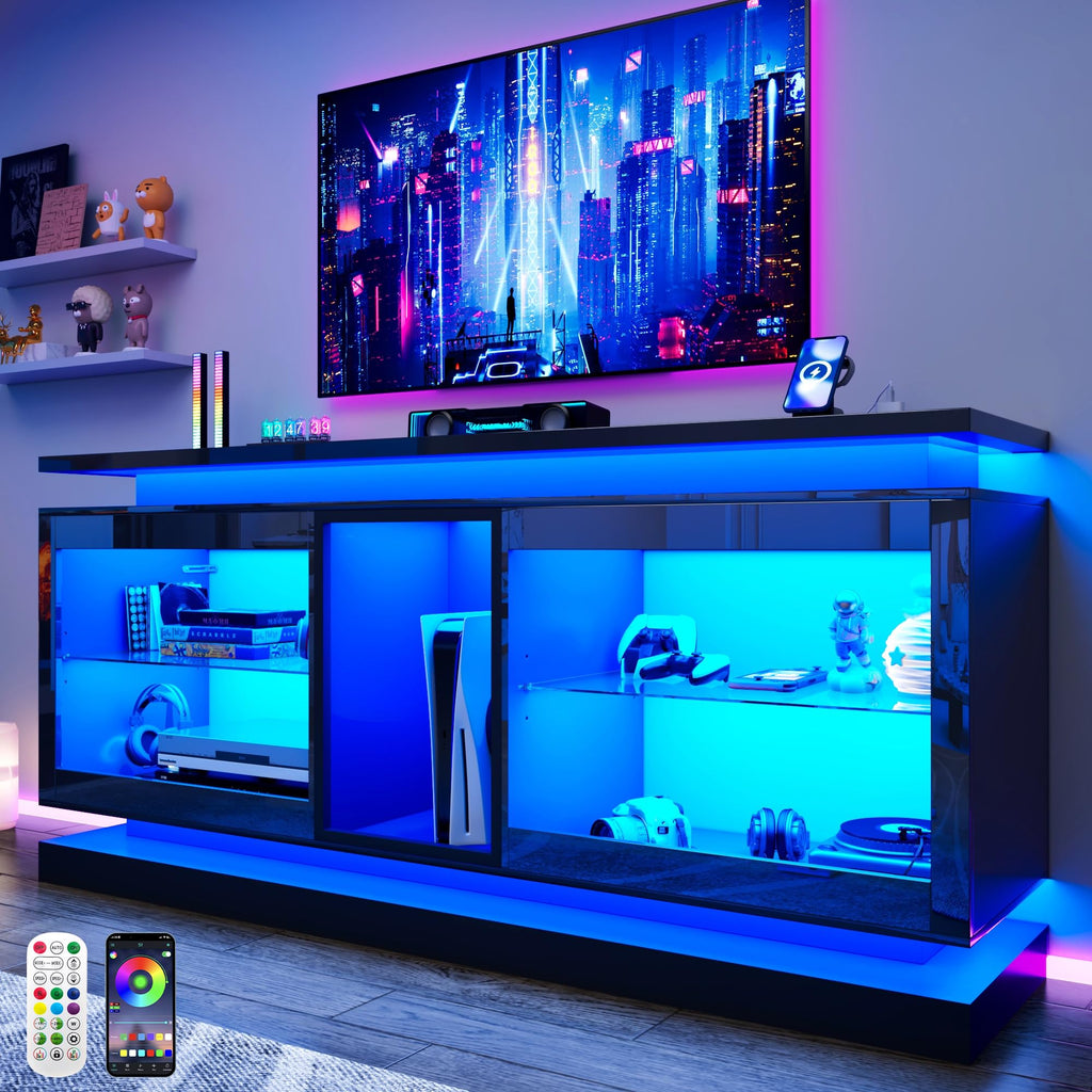 70" TV Stand with LED Lights and Power Outlets, Black J85739