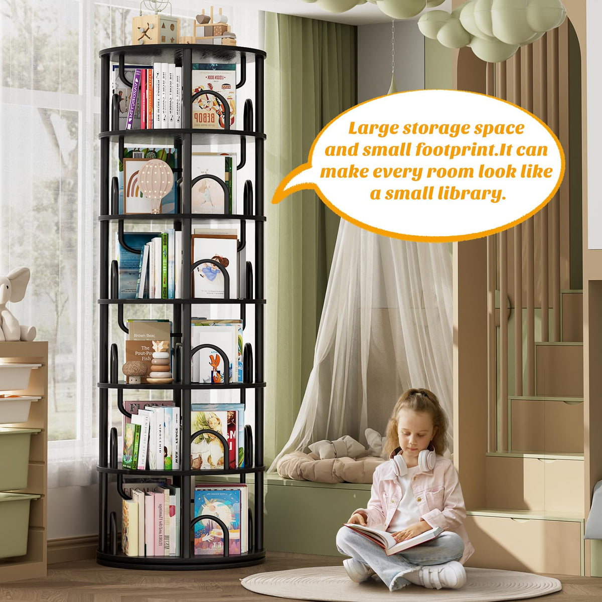 6 Tier Rotating Bookshelf Tower Black P5016