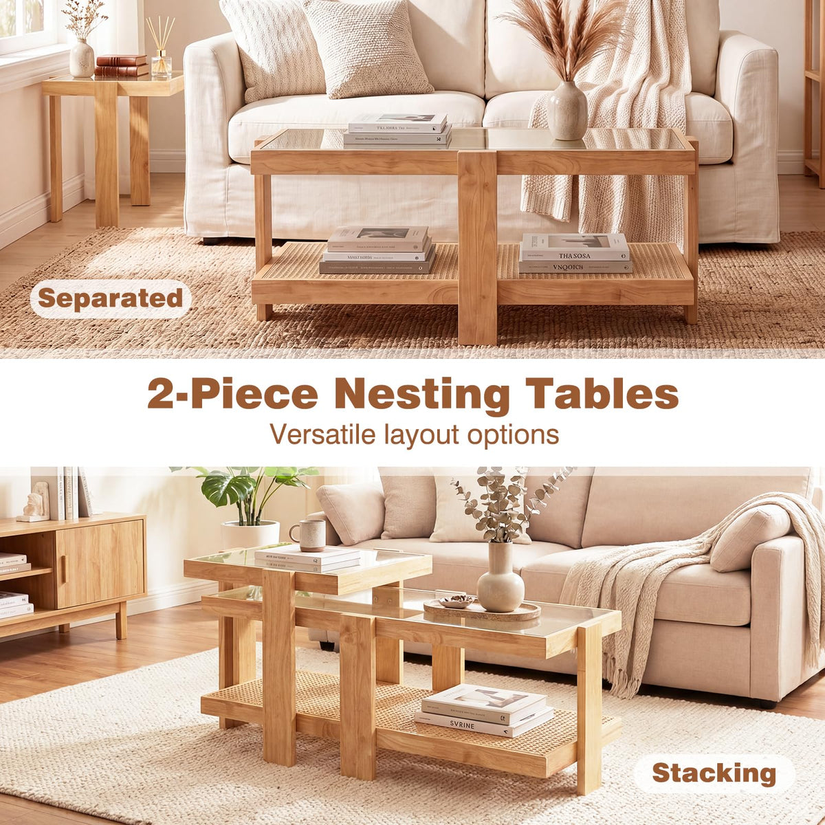 Nesting Coffee Table Set of 2 Rattan Tempered Glass P48847