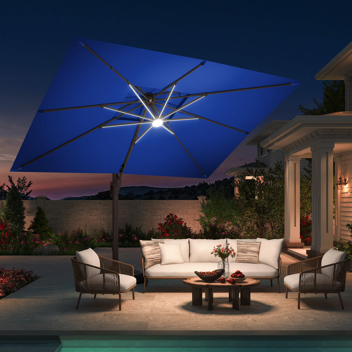 10 X 13 FT Cantilever Patio Umbrella with Base & Lights D4162