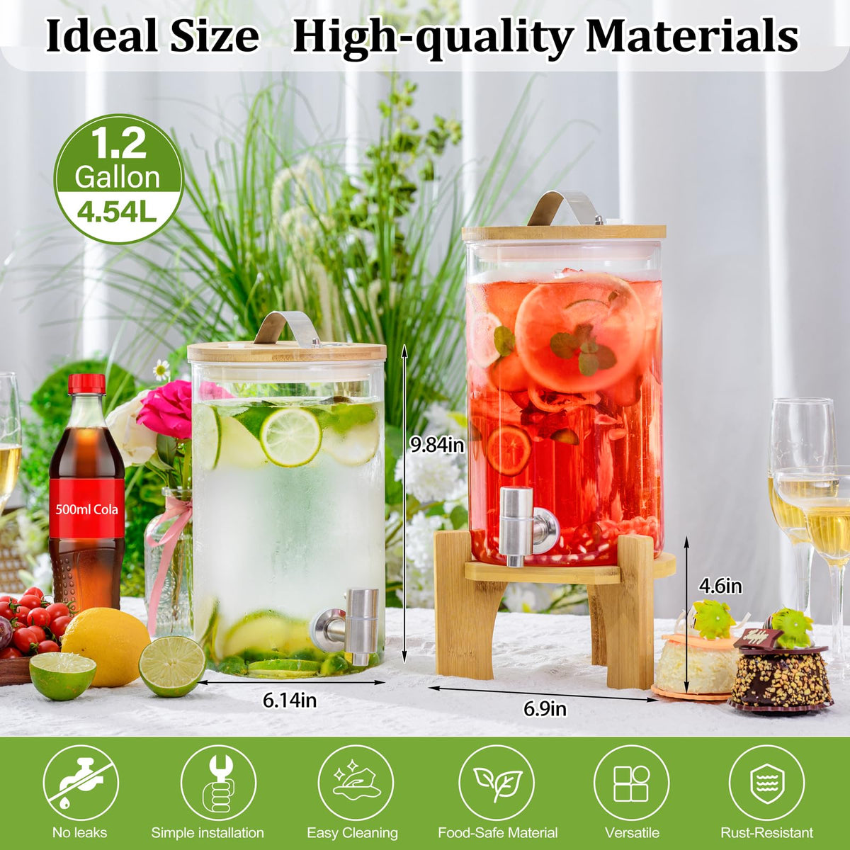 1.2 Gallon Glass Drink Dispenser with Stand and Spigot, 2 Pack I117