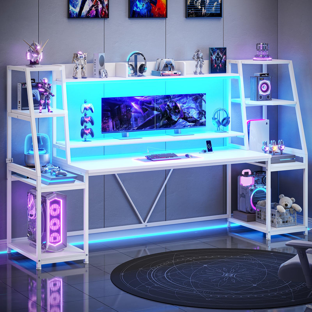 79'' White Gaming Desk with LED Lights and Storage Shelves A53628