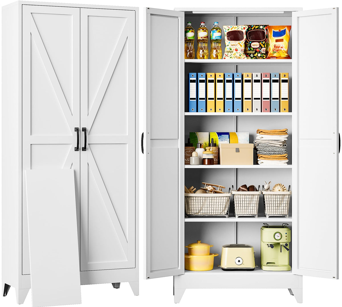 75" Tall White Metal Pantry Cabinet with 2 Doors and 5 Shelves H821725