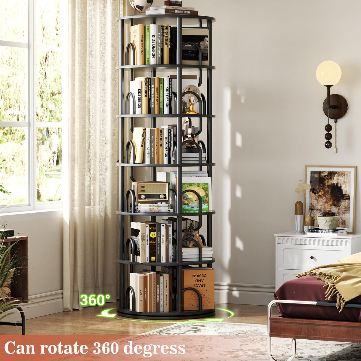 6 Tier Rotating Bookshelf Tower Black P5016