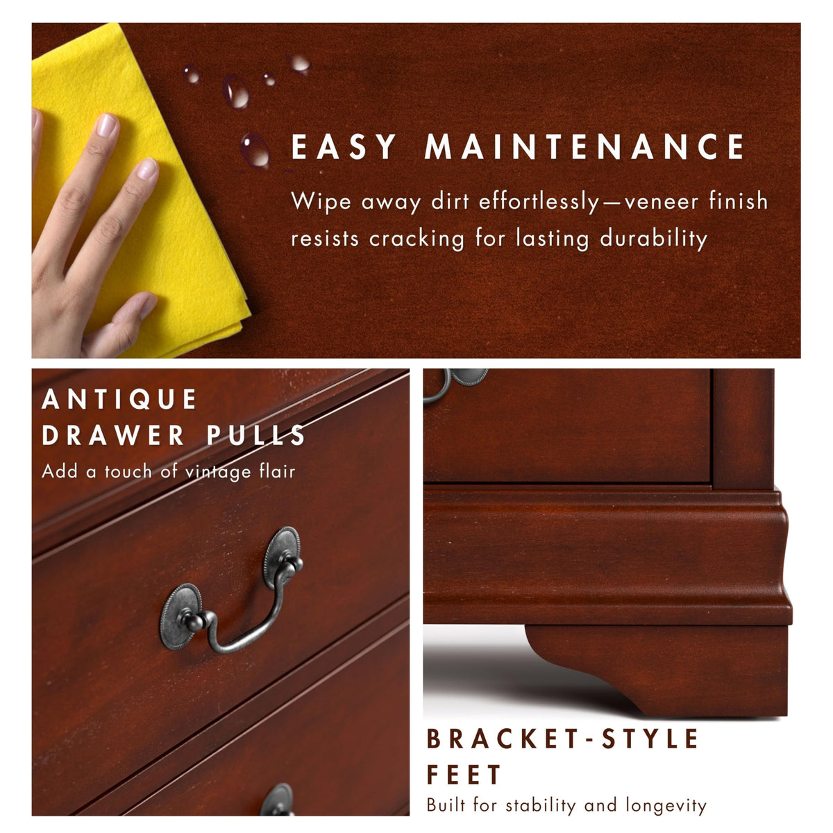 Solid Wood Nightstand with Drawers and Antique Nickle Handles B9479