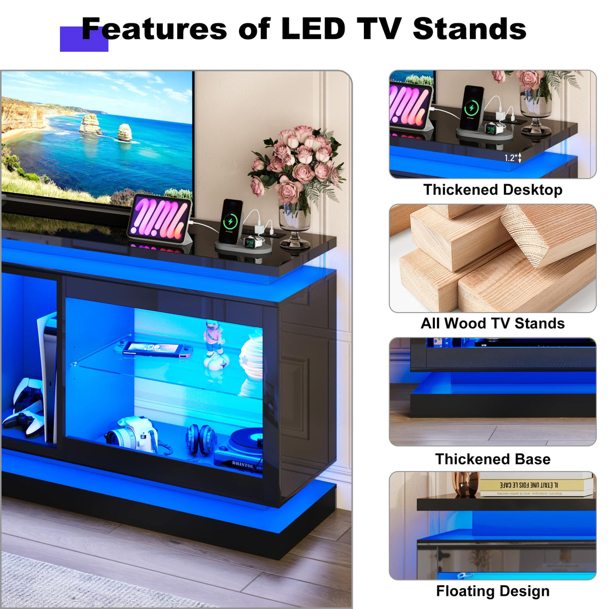 70" TV Stand with LED Lights and Power Outlets, Black J85739