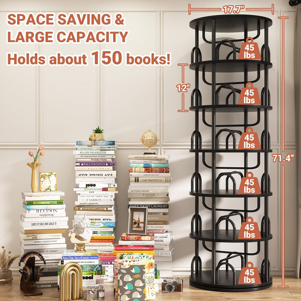 6 Tier Rotating Bookshelf Tower Black P5016
