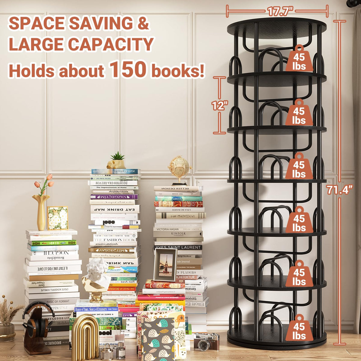 6 Tier Rotating Bookshelf Tower Black P5016