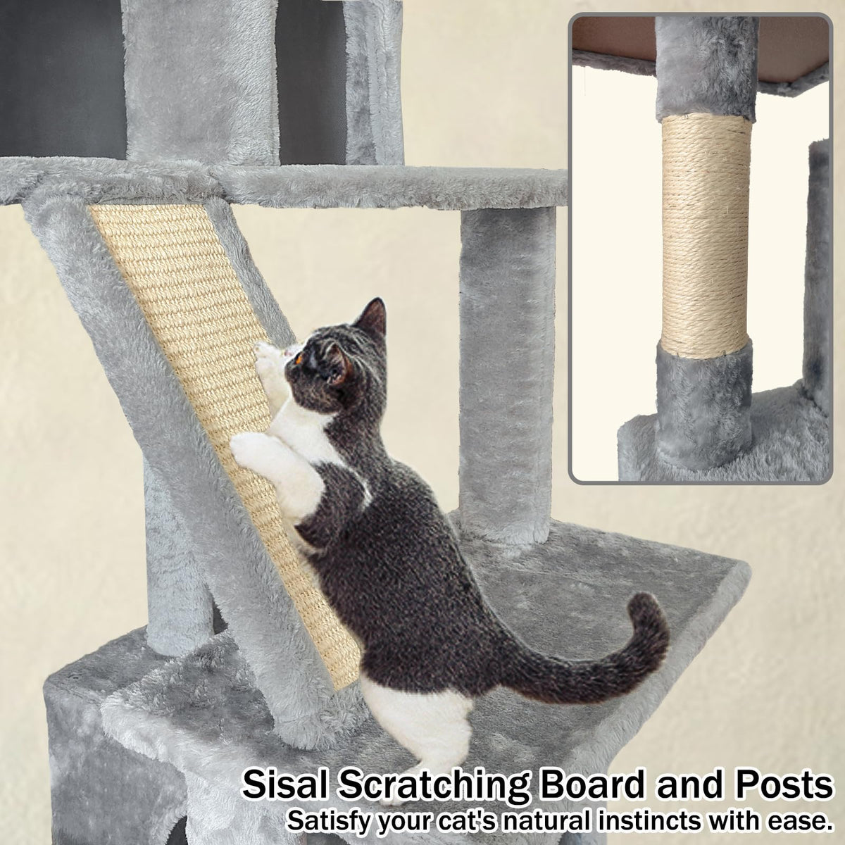 70" Light Gray Cat Tree Tower with Sisal Scratching Post K19352