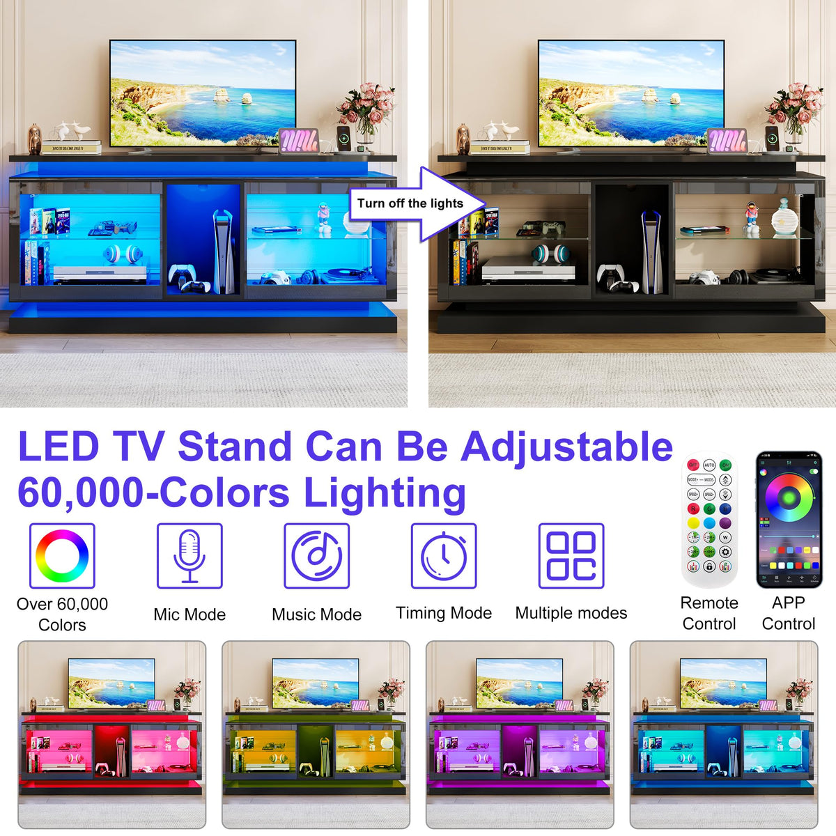 70" TV Stand with LED Lights and Power Outlets, Black J85739