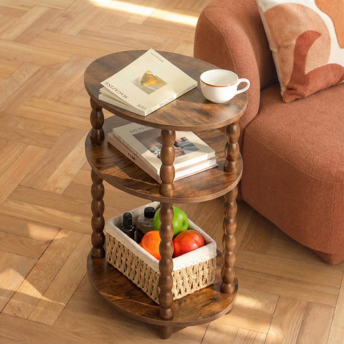 3-Tier Oval Side Table with Solid Wood Spindle Legs Z138578