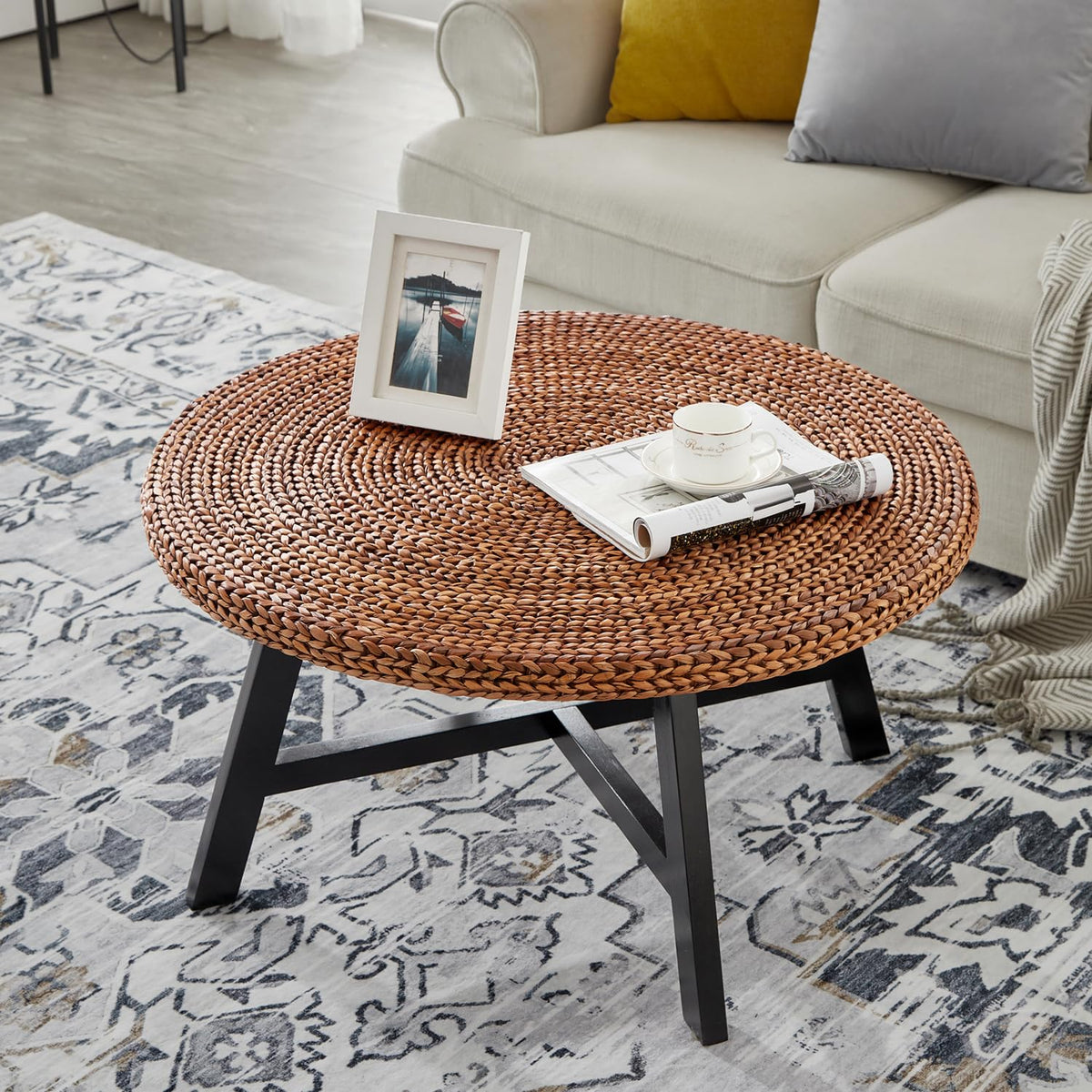 32 Inch Round Handwoven Seagrass Coffee Table with Pine Wood X Base P2482