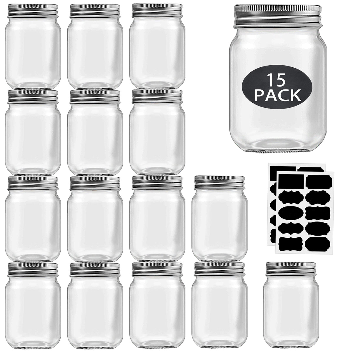 16 oz Mason Jars with Silver Lids 15 Pack U449395