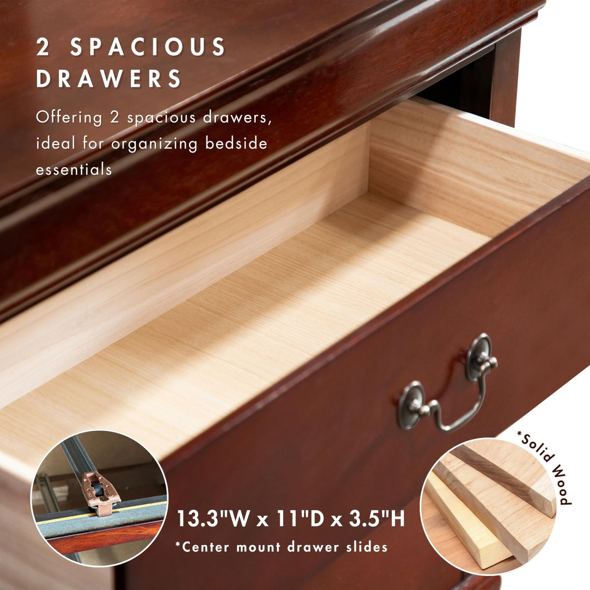Solid Wood Nightstand with Drawers and Antique Nickle Handles B9479