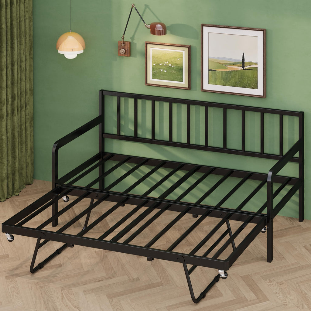 Twin Daybed with Pop Up Trundle, Metal Steel Slats, Black Y252162