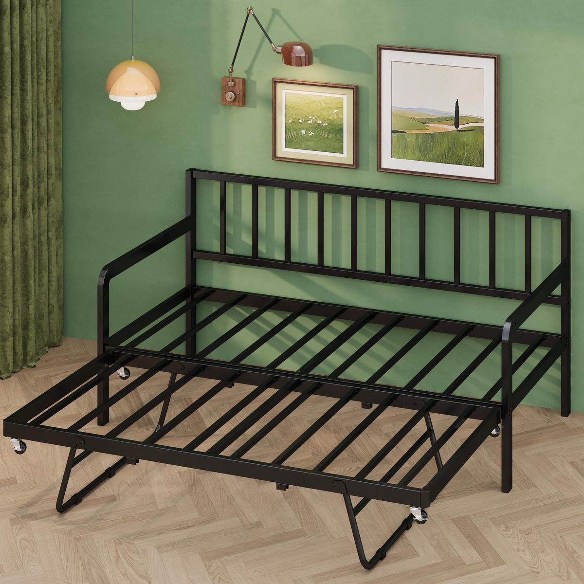 Twin Daybed with Pop Up Trundle, Metal Steel Slats, Black Y252162