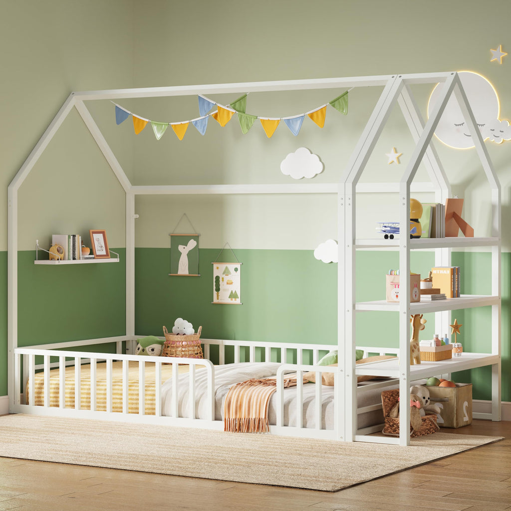 Twin White Metal Floor Bed with 3-Tier Shelves X36488