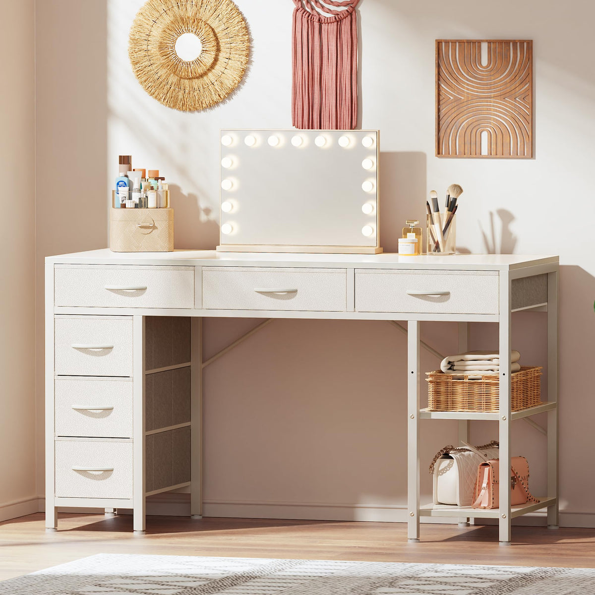 White 6 Drawer Computer Desk with Shelves I381007