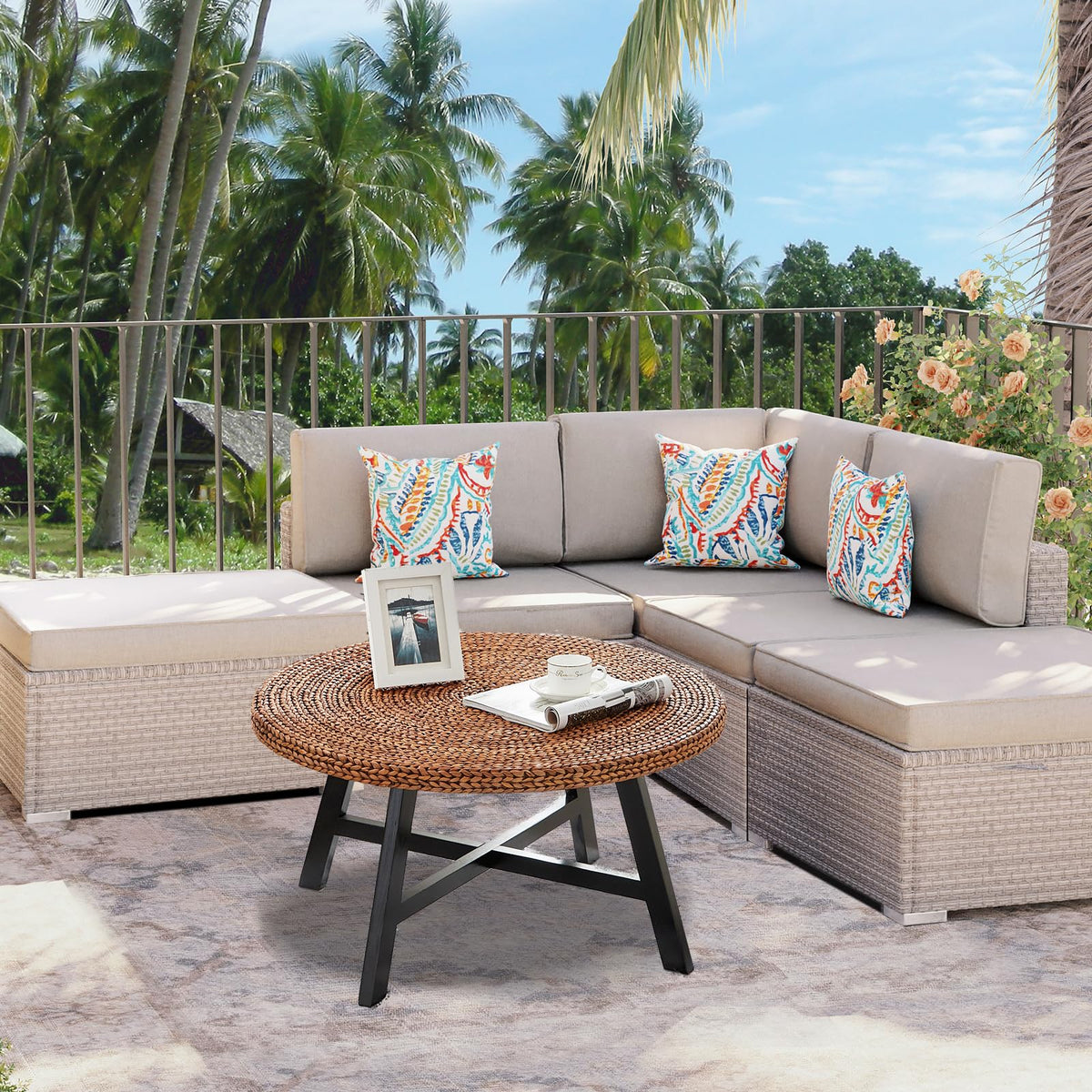 32 Inch Round Handwoven Seagrass Coffee Table with Pine Wood X Base P2482