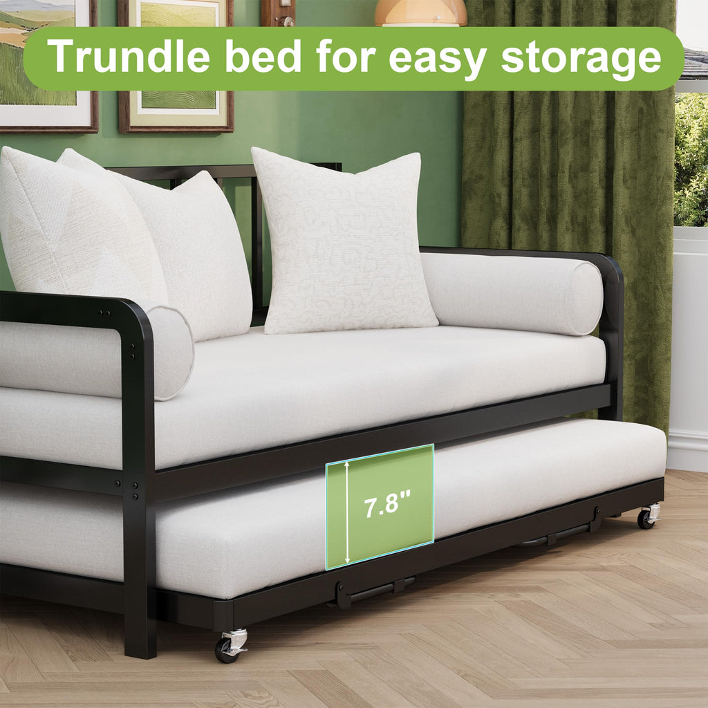 Twin Daybed with Pop Up Trundle, Metal Steel Slats, Black Y252162