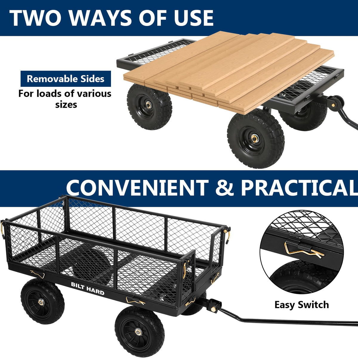 10" Steel Garden Cart with Rotating Handle and Removable Sides, 4 Cu.Ft, Black Q702837