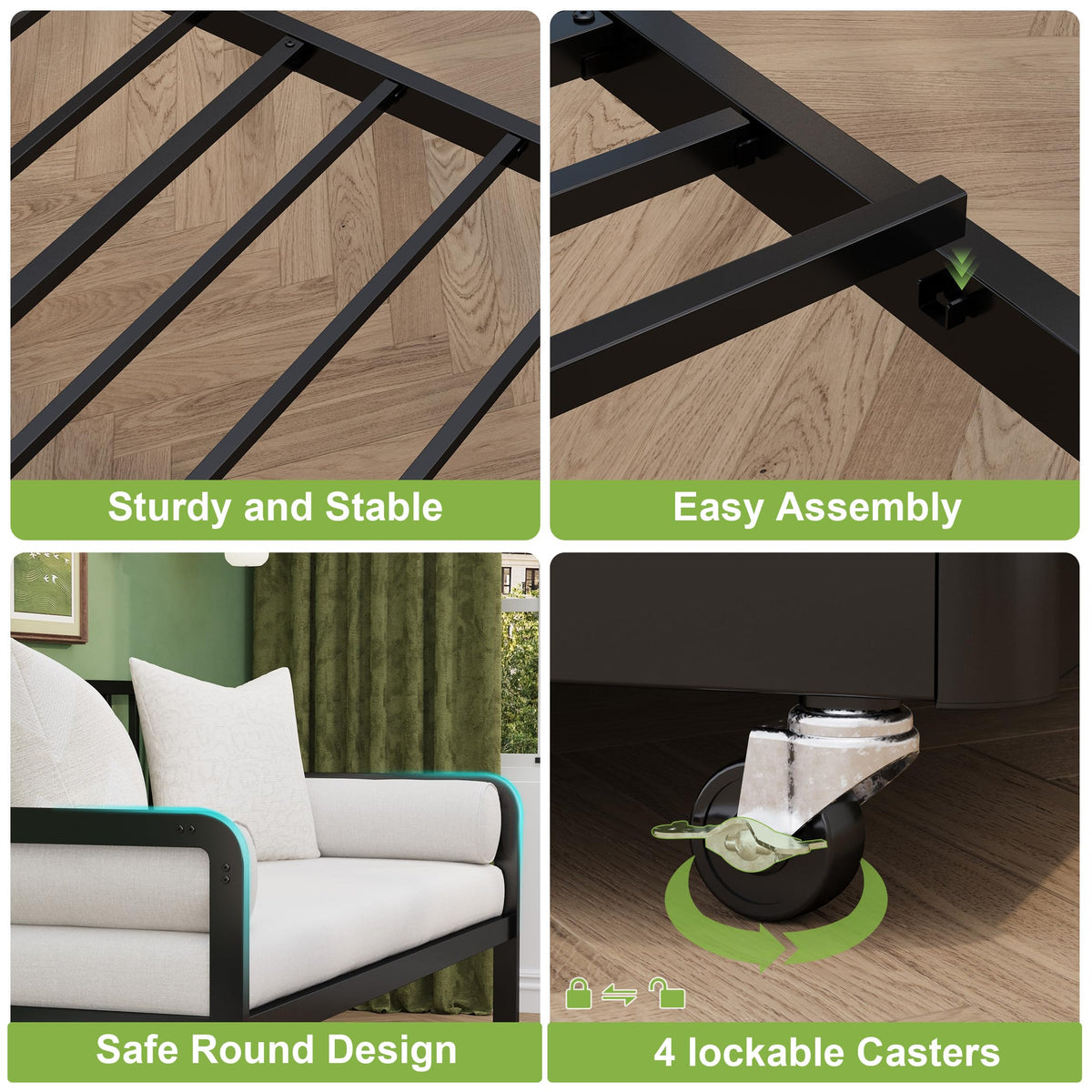 Twin Daybed with Pop Up Trundle, Metal Steel Slats, Black Y252162